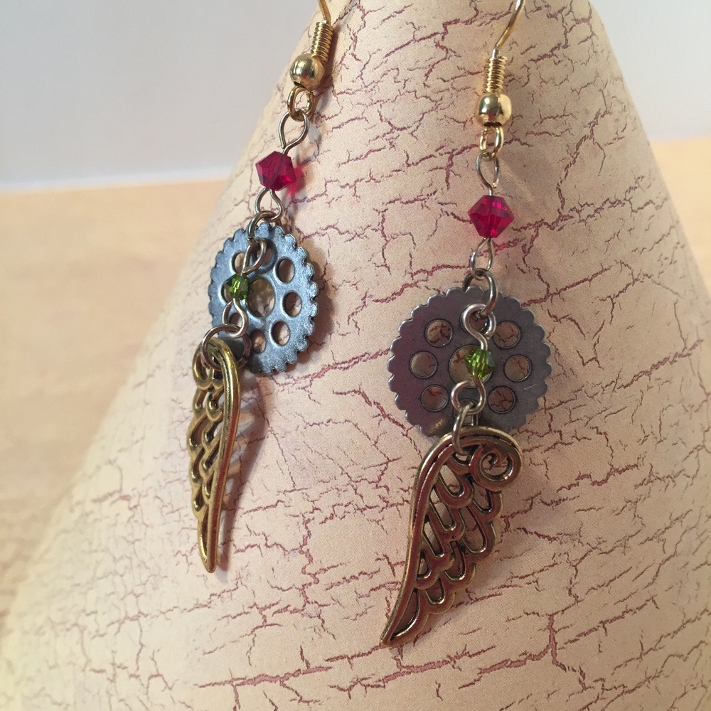 Steampunk Earrings Red & Lime CZ